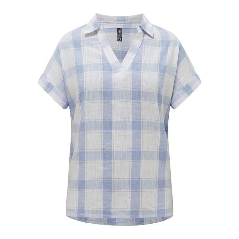 H&H Women's Short Roll Sleeve Linen Blend Blouse, Blue Light, hi-res