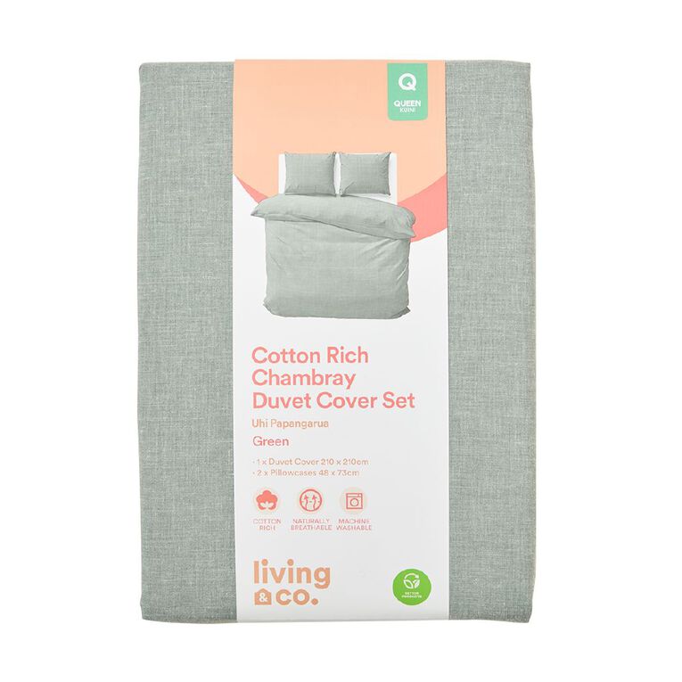 Living & Co Chambray Cotton Rich Duvet Cover Set Green Queen, Green, hi-res