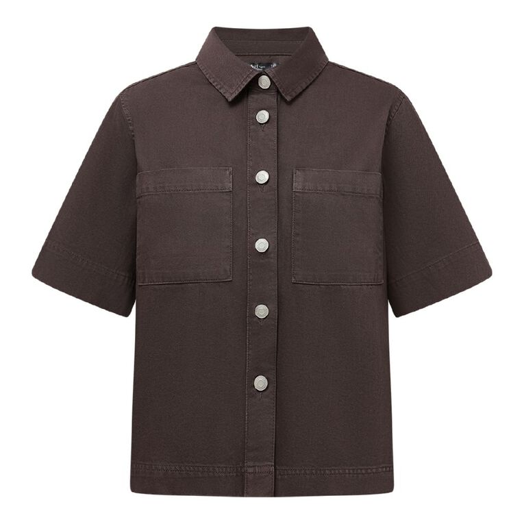 H&H Women's Short Sleeve Denim Patch Pocket Shirt, Brown, hi-res