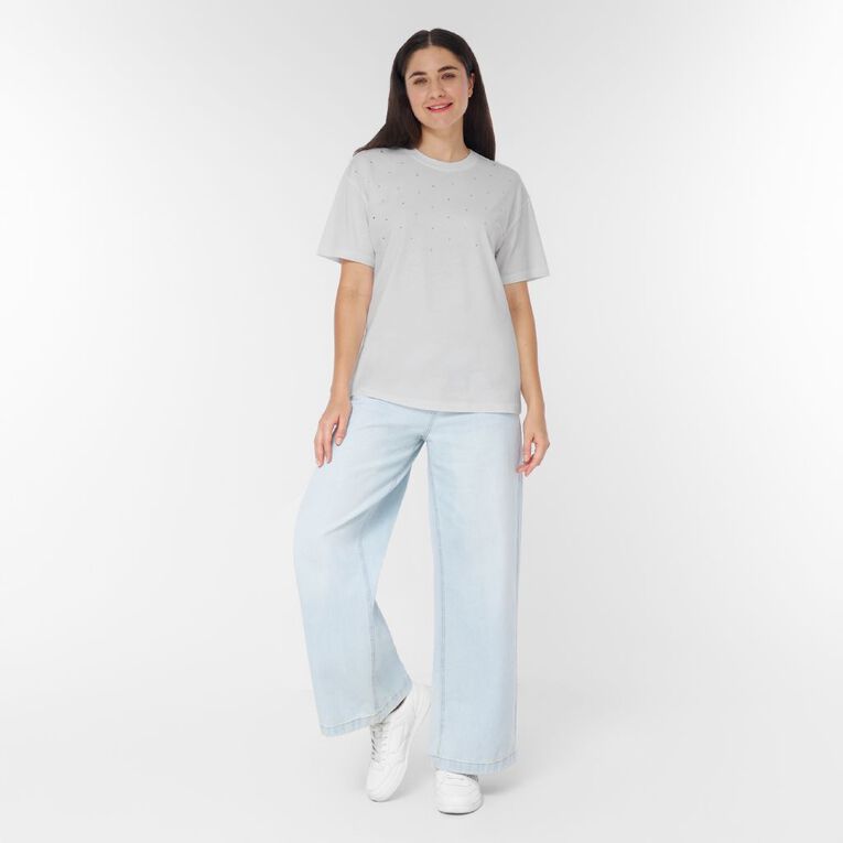 H&H Women's Short Sleeve Embellished Tee, White, hi-res