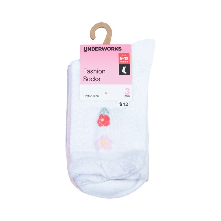 Underworks Girls' Jacquard Fashion Crew Socks 3 Pack, Pink, hi-res