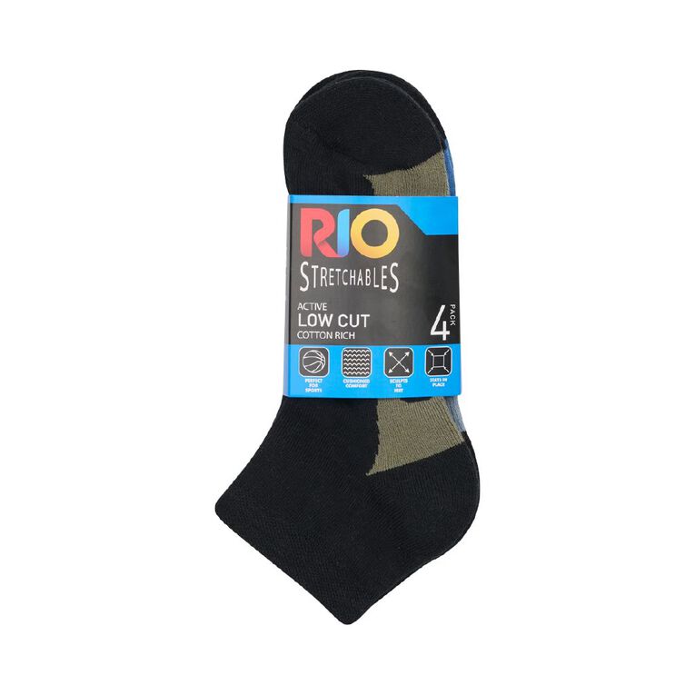 Rio Men's Low Crew Stretchable Socks 4 Pack, Black, hi-res