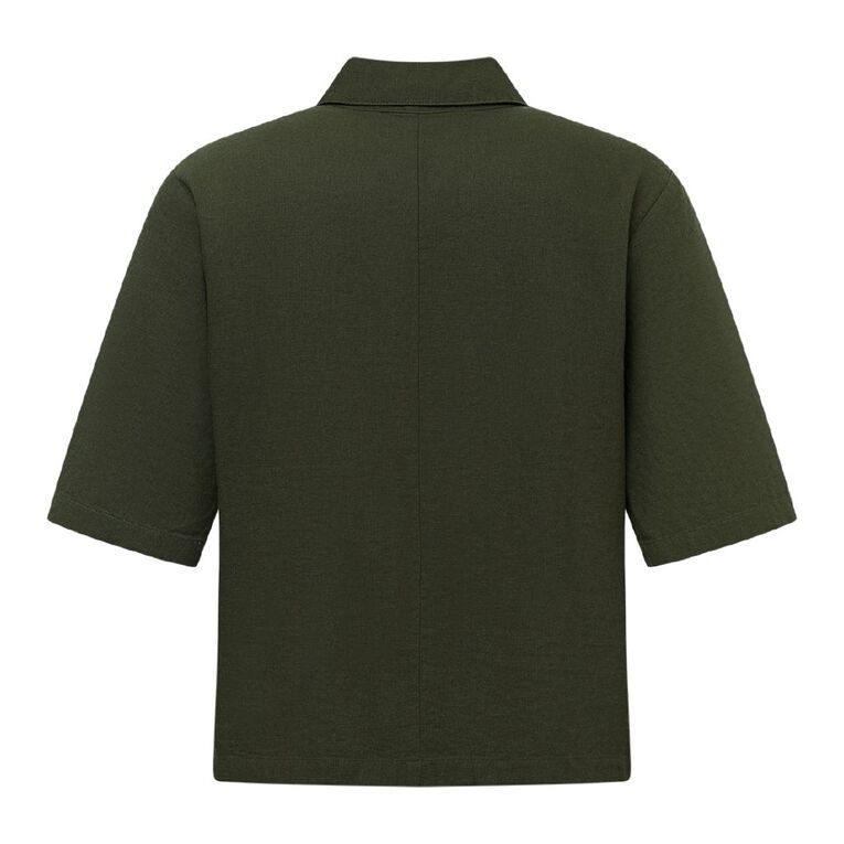H&H Women's Short Sleeve Cropped Linen Blend Shirt, Green Dark, hi-res
