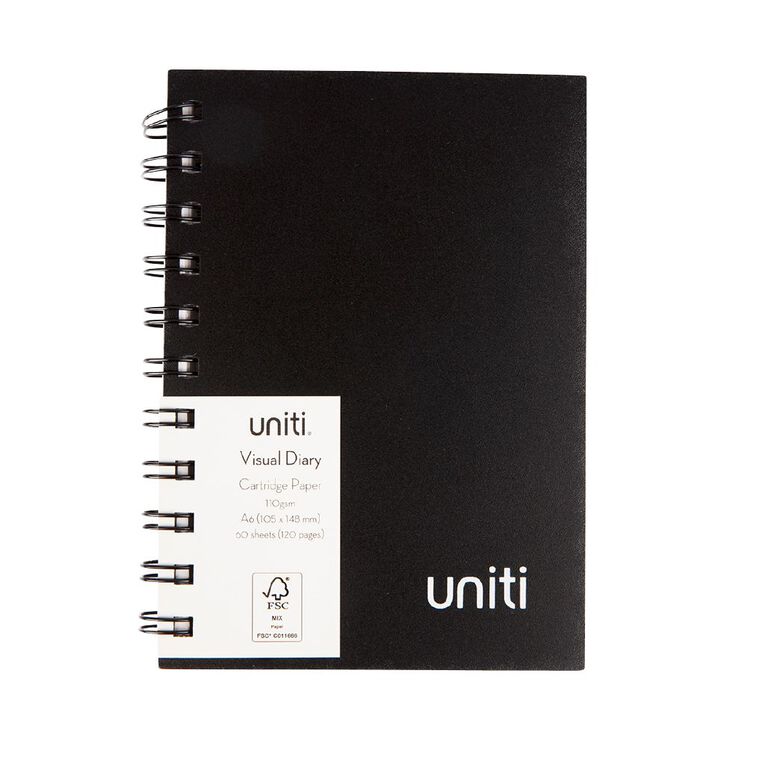 Uniti Visual Diary Spiral 110gsm 60 Sheets Black A6, , hi-res