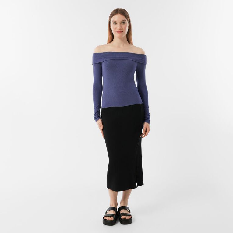 H&H Women's Long Sleeve Rib Bardot, Blue Mid, hi-res