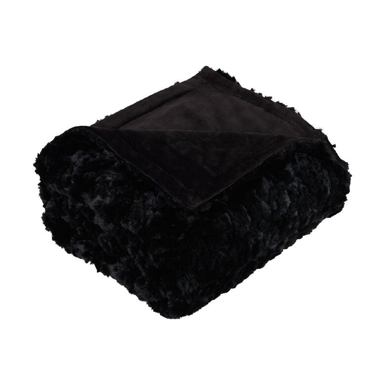 Living & Co Throw Faux Fur Texture Black 127cm x 152cm, , hi-res