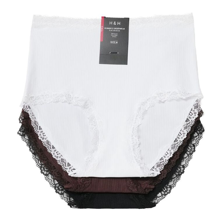 H&H Women's Rib And Lace Full Briefs 3 Pack, Black, hi-res