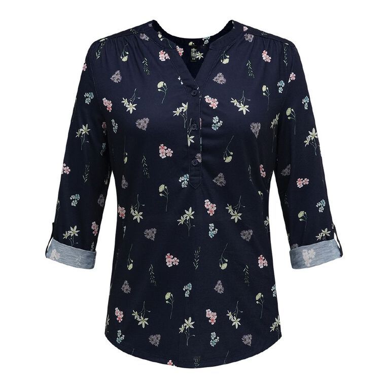 H&H Women's 3/4 Sleeve Amber Rixon Henley Top, Navy, hi-res