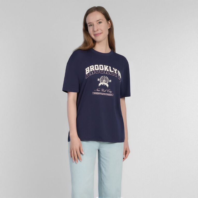 H&H Women's Short Sleeve Boyfriend Graphic Tee, Blue Dark, hi-res