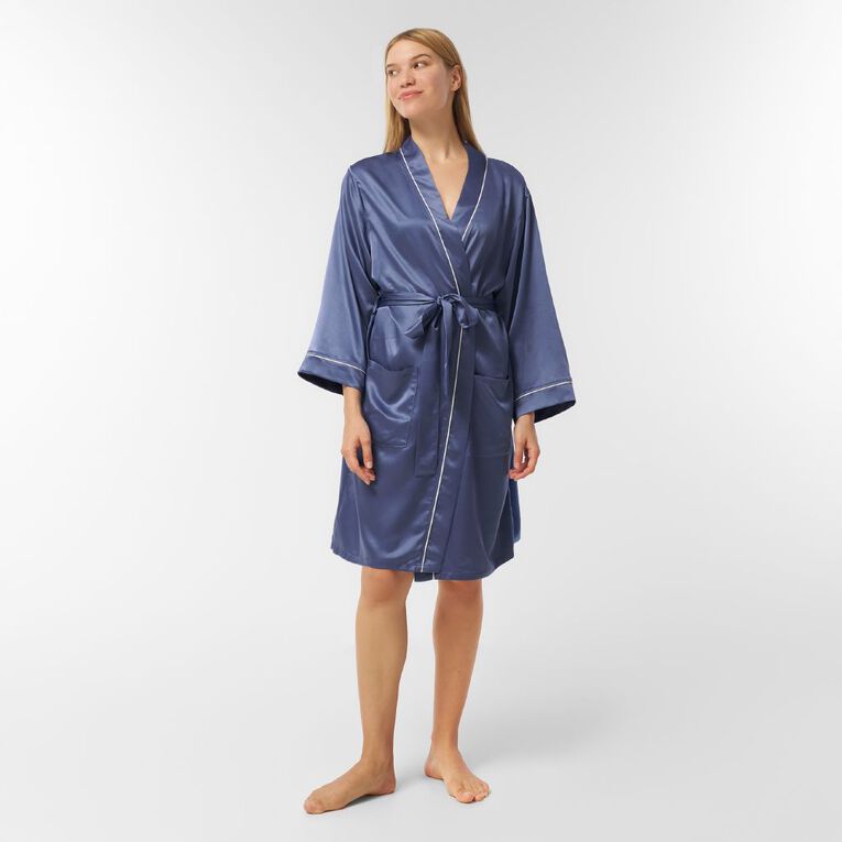 H&H Women's Satin Robe, Blue Mid, hi-res