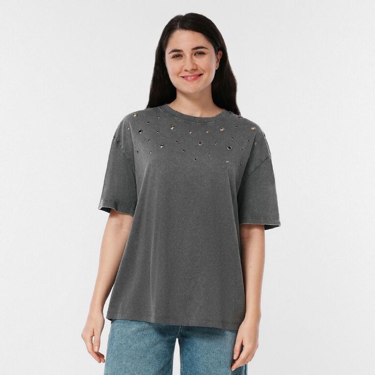 H&H Women's Short Sleeve Elevated Embellished Neckline Tee, Grey Dark, hi-res