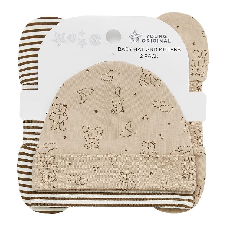 Young Original Babies' Beanie and Mittens Set, Brown Light, hi-res