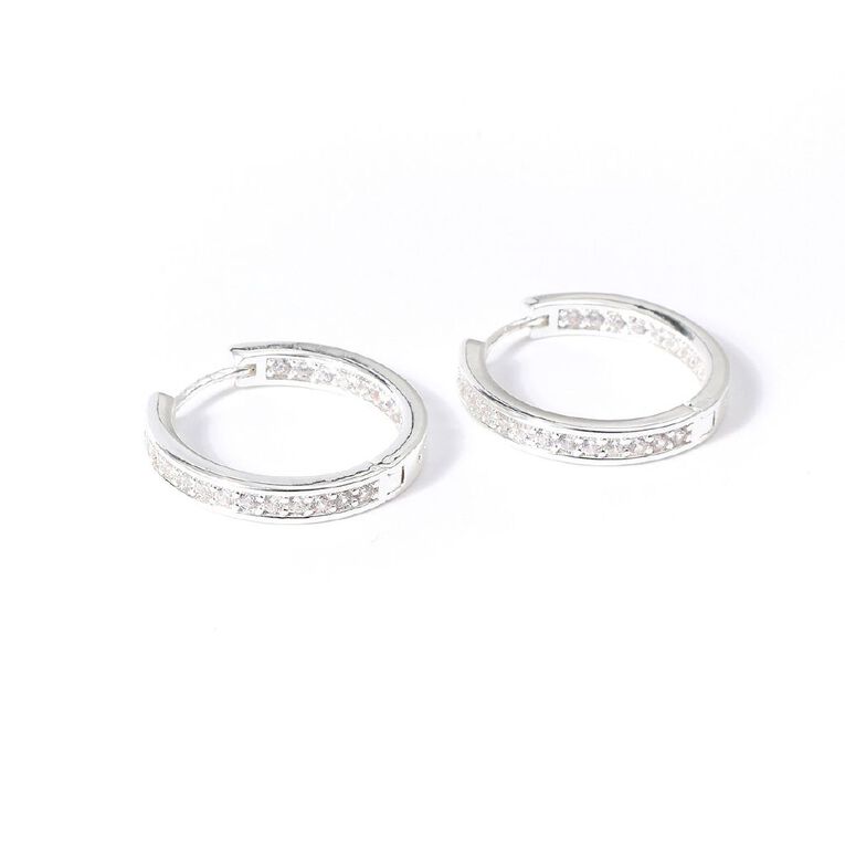Silver Plated CZ Hoop Earrings, , hi-res
