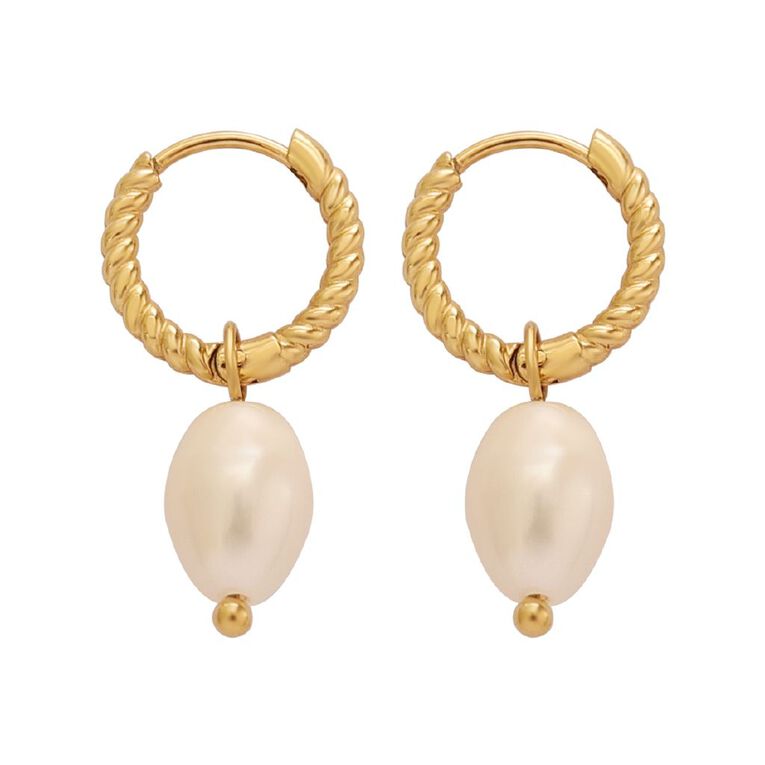 Waterproof Gold Plated Pearl Hoop Earrings, , hi-res