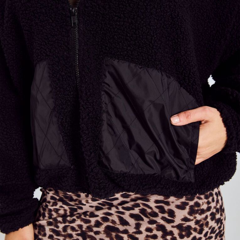 BRDRLESS Cleo ZIp-Thru Long Sleeve Teddy Fleece, Black, hi-res