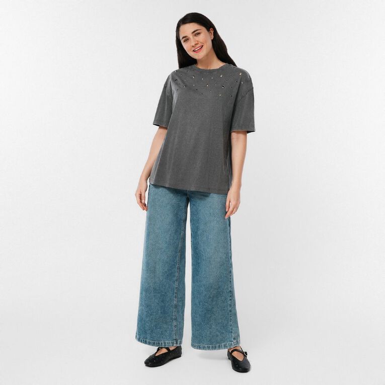 H&H Women's Short Sleeve Elevated Embellished Neckline Tee, Grey Dark, hi-res