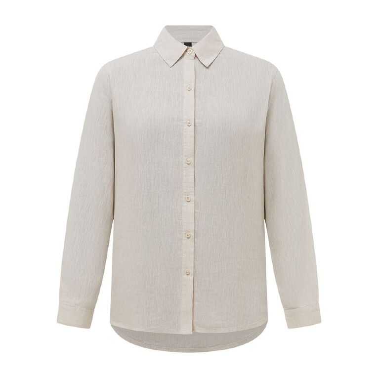 H&H Women's Long Sleeve Essential Linen Blend Shirt, Brown Light OAT MRL, hi-res