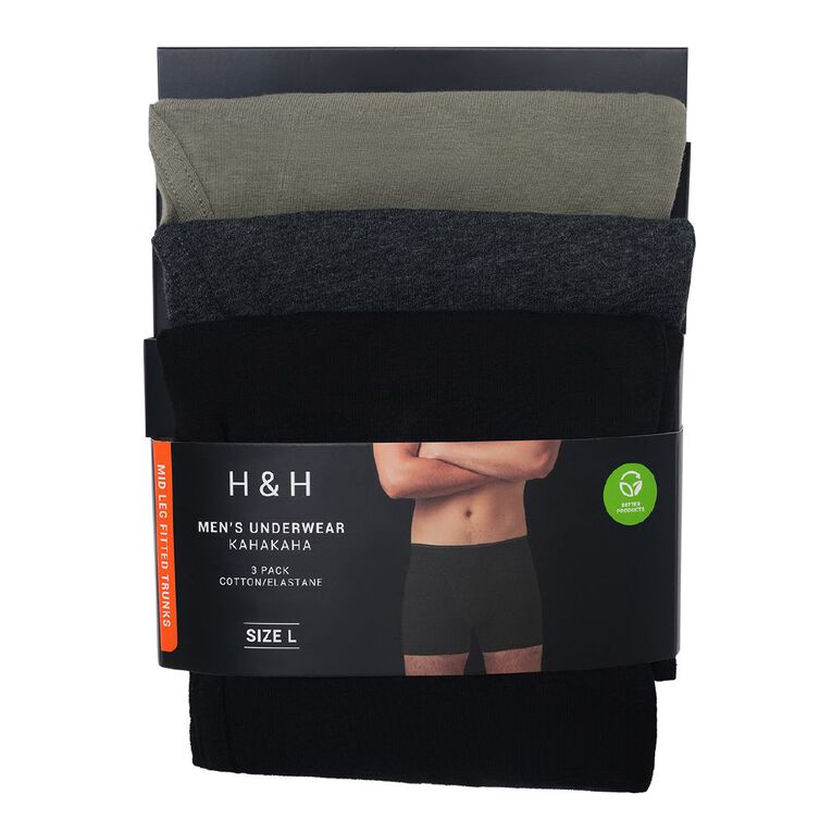 H&H Men's Mid Leg Trunks 3 Pack, Khaki Black, hi-res