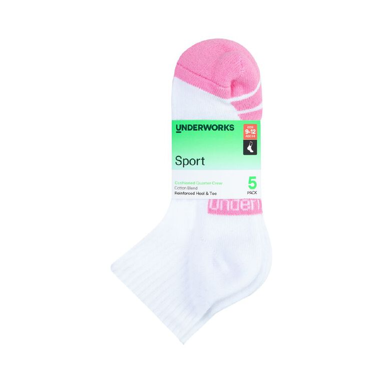 Underworks Girls' Cushioned Sport Quarter Crew Socks 5 Pack, White, hi-res