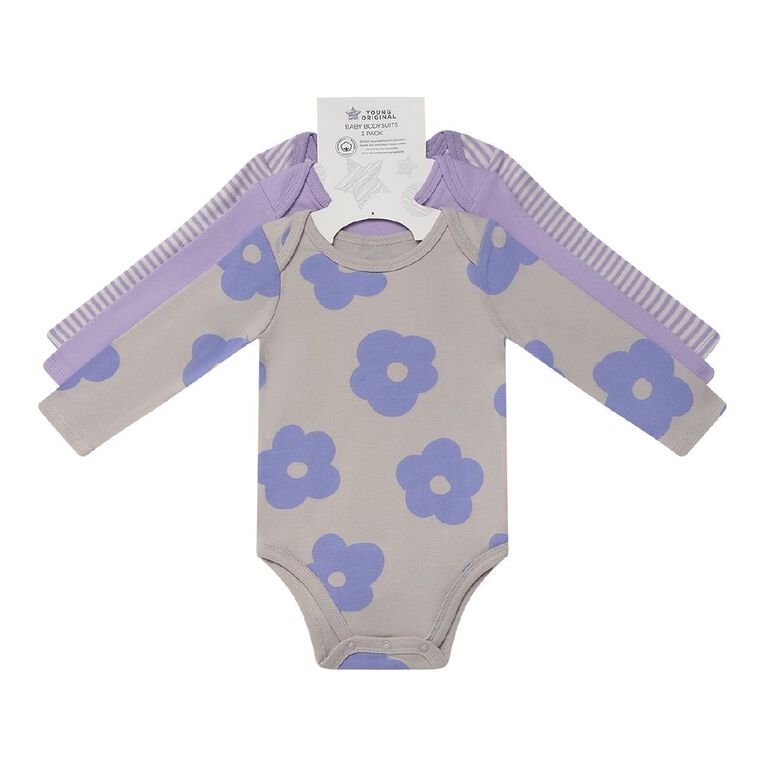 Young Original Babies' Long Sleeve Printed Bodysuit 3 Pack, Brown Light FLOWER, hi-res