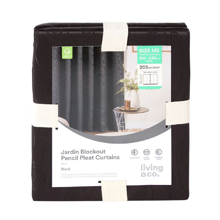 Living & Co Jardin Curtains Black 150-230cm Wide/160cm Drop, Black, hi-res
