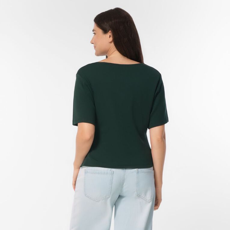 H&H Women's Short Sleeve Asymmetric Hem Tee, Green Dark, hi-res