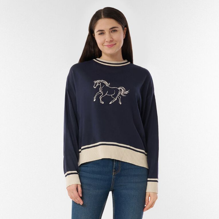H&H Women's Embroidered Horse Jumper, Navy, hi-res
