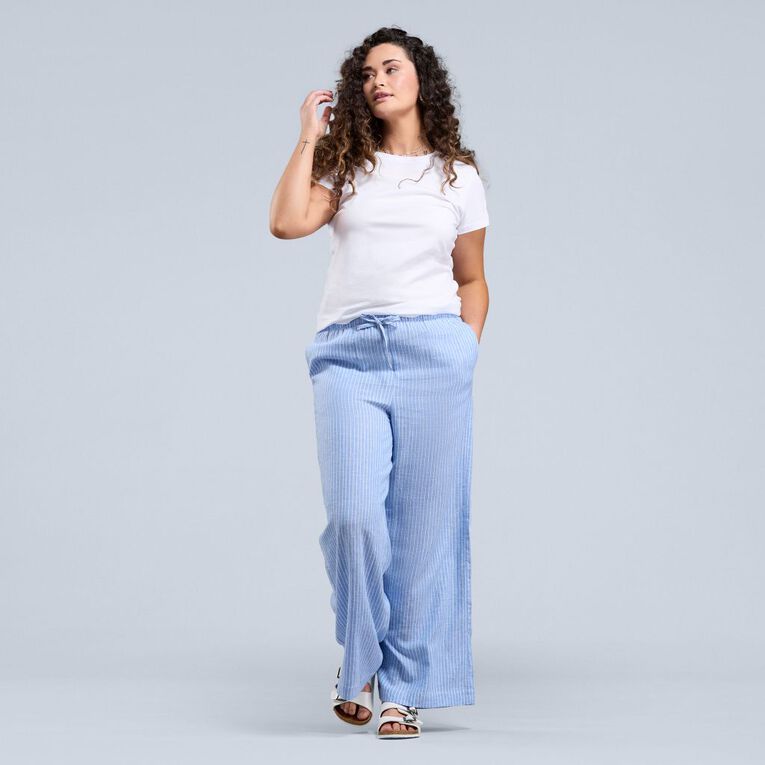 H&H Women's Tie Waist Linen Blend Pants, Blue Mid, hi-res
