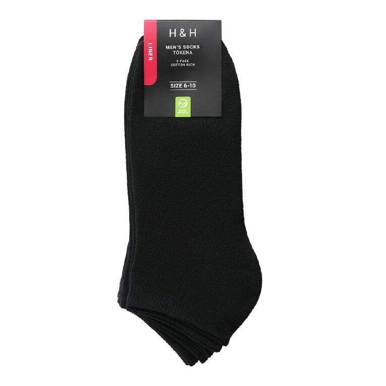 H&H Mens' Liner Plain Socks 5 Pack, Black W26, hi-res