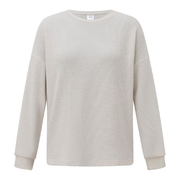 H&H Women's Waffle Long Sleeve Pyjama Top, Cream, hi-res