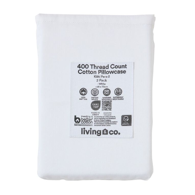 Living & Co 4OOTC Sateen Cotton Pillowcase 2pk White, , hi-res