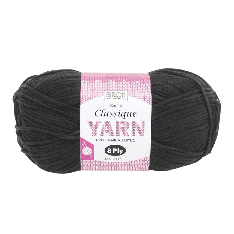 Birch Classique Yarn 100% Premium Acrylic 100g Ball 8 Ply Black, , hi-res