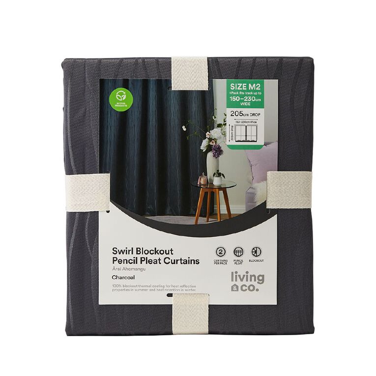 Living & Co Swirl Curtains Charcoal 230-330cm Wide/220cm Drop, Charcoal, hi-res