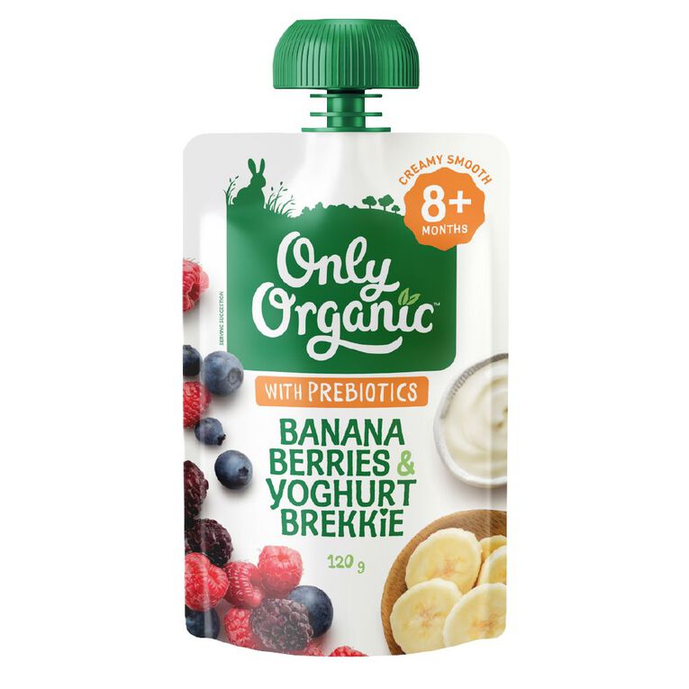 Only Organic Banana Berries & Yoghurt Pouch 120g, , hi-res