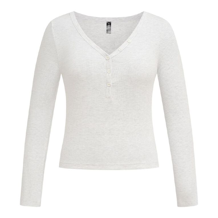H&H Women's Long Sleeve Henley Rib Top, Grey Light, hi-res