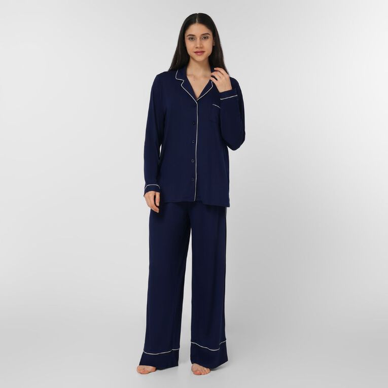 H&H Women's Comfy Button Up Pyjama Set, Blue Dark, hi-res