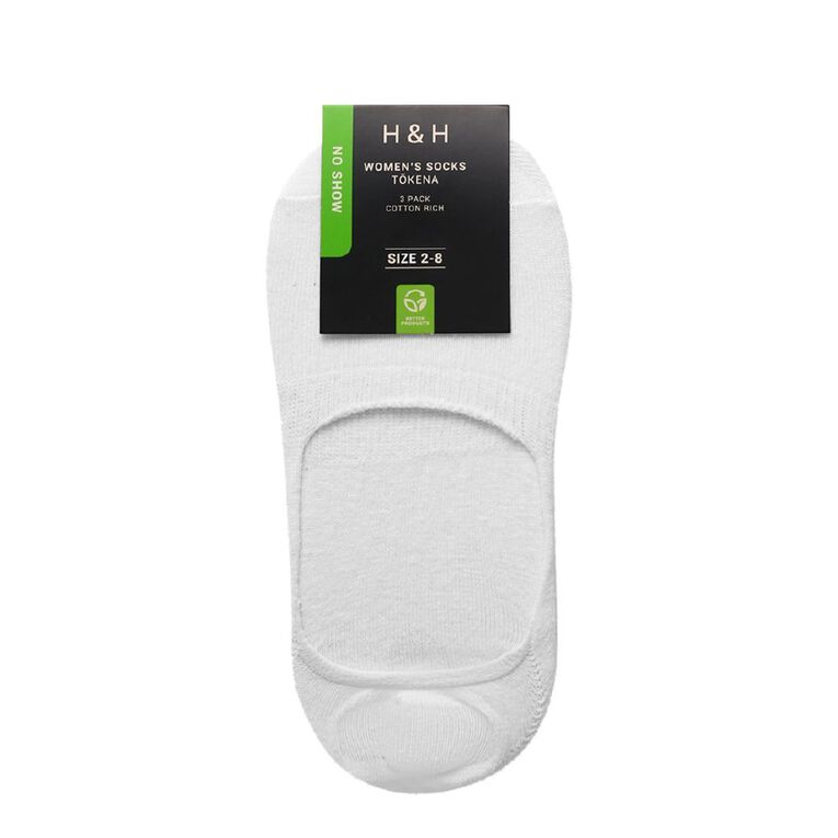H&H Women's No Show Socks 3 Pack, White, hi-res