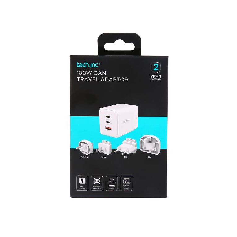 Tech.Inc 100W 2 Port USB C + USB A Gan Charger With Adaptor TI103KE, , hi-res