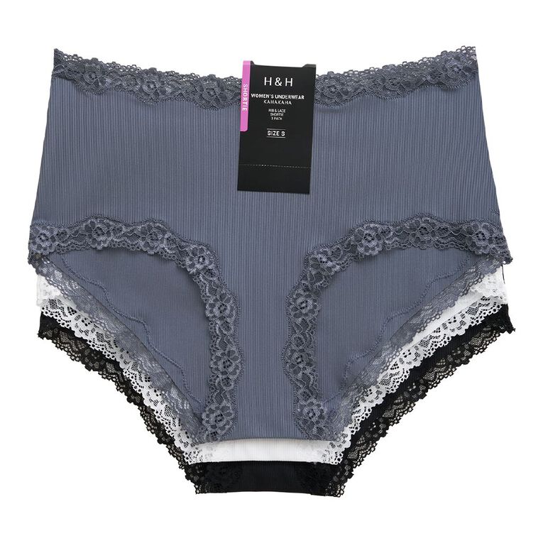 H&H Women's Rib And Lace Shortie Briefs 3 Pack, Black, hi-res