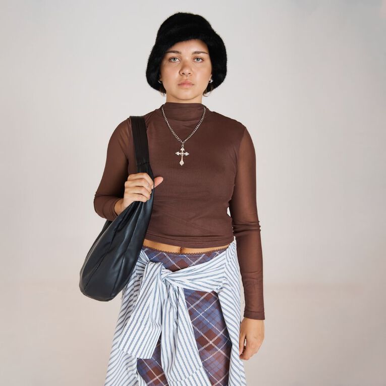BRDRLESS Blake Crop Mesh Long Sleeve Top, Brown Dark, hi-res