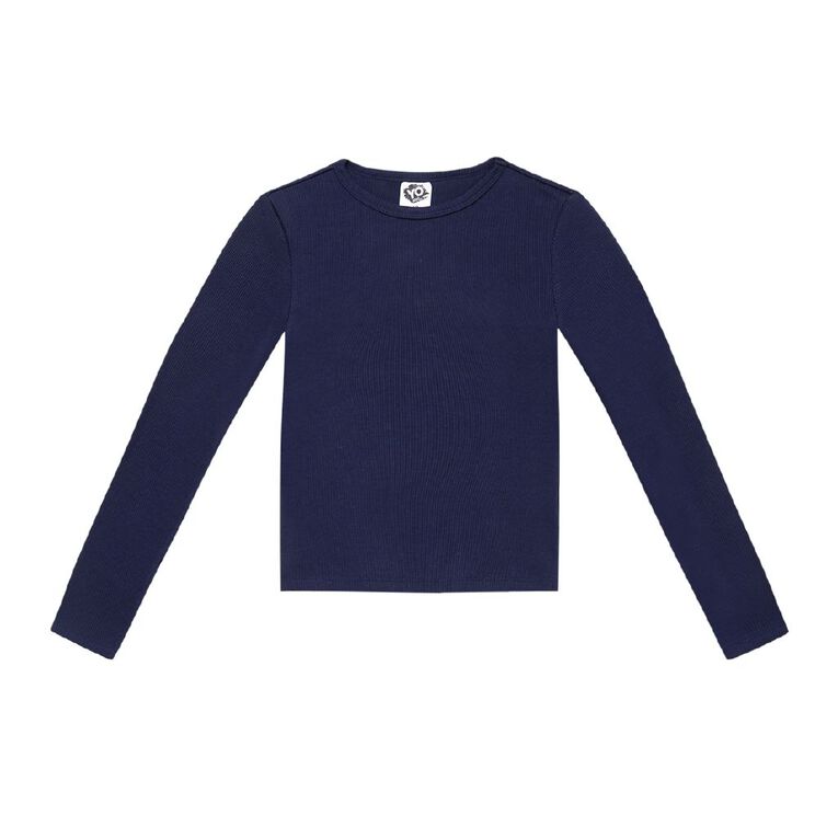 Young Original Long Sleeve Rib Crew Neck Top, Blue Dark, hi-res