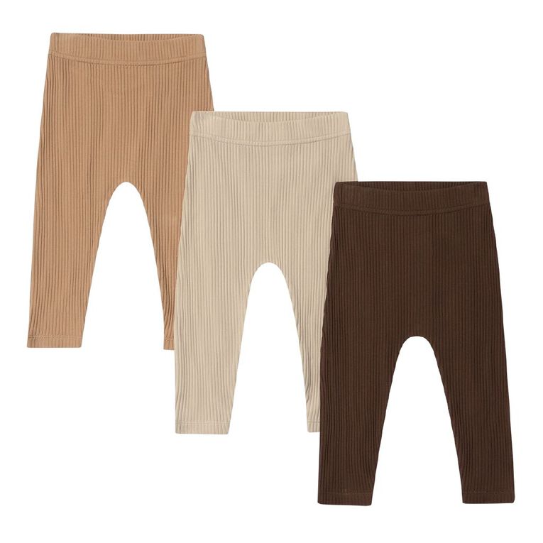 Young Original Babies' Rib Leggings 3 Pack, Brown Dark, hi-res
