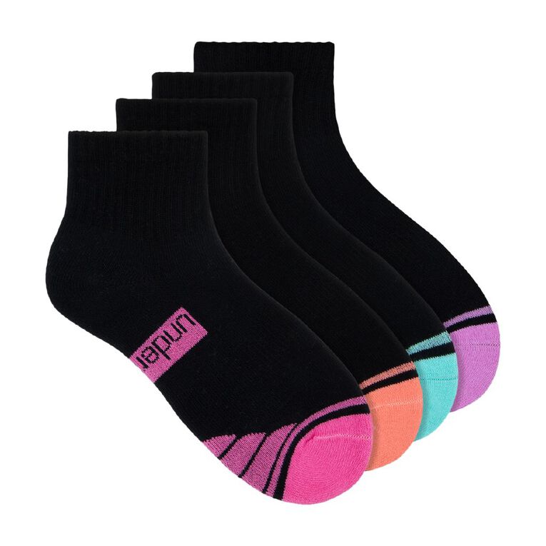Underworks Kids' Quarter Crew Sport Socks 4 Pack, Black S25 GBL2, hi-res