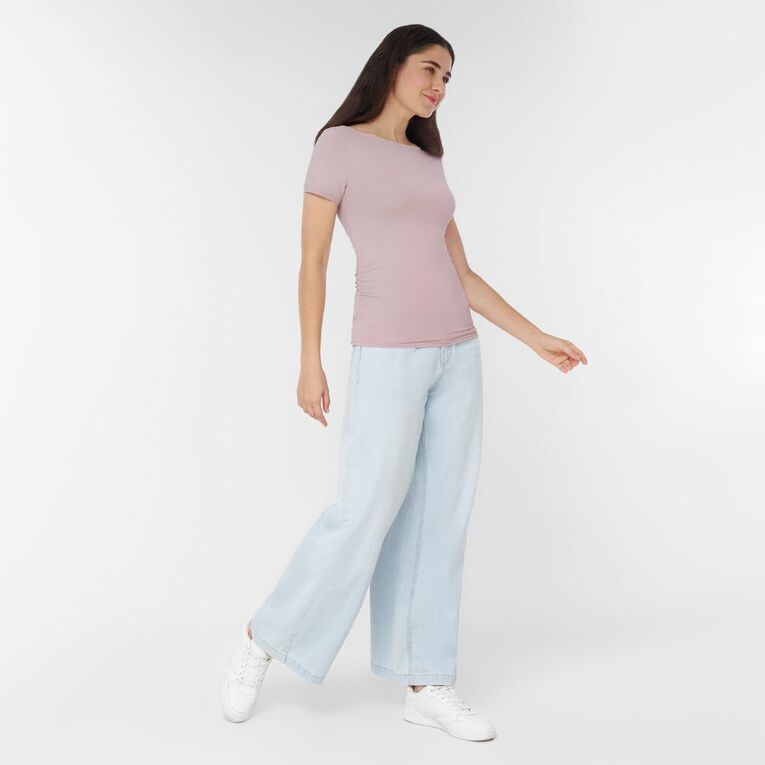 H&H Women's Short Sleeve Contour Print Boat Neck Top, Purple Light, hi-res