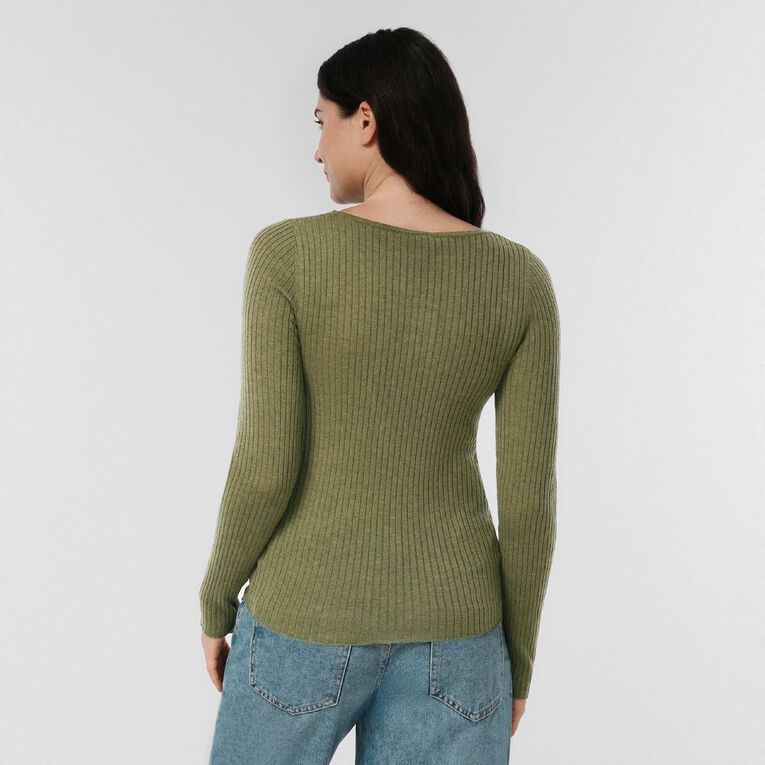 H&H Women's Merino Blend Rib Crew Knit, Green Mid, hi-res