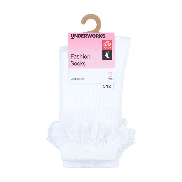 Underworks Girls' Ribbed Ruffle Crew Socks 3 Pack, White, hi-res