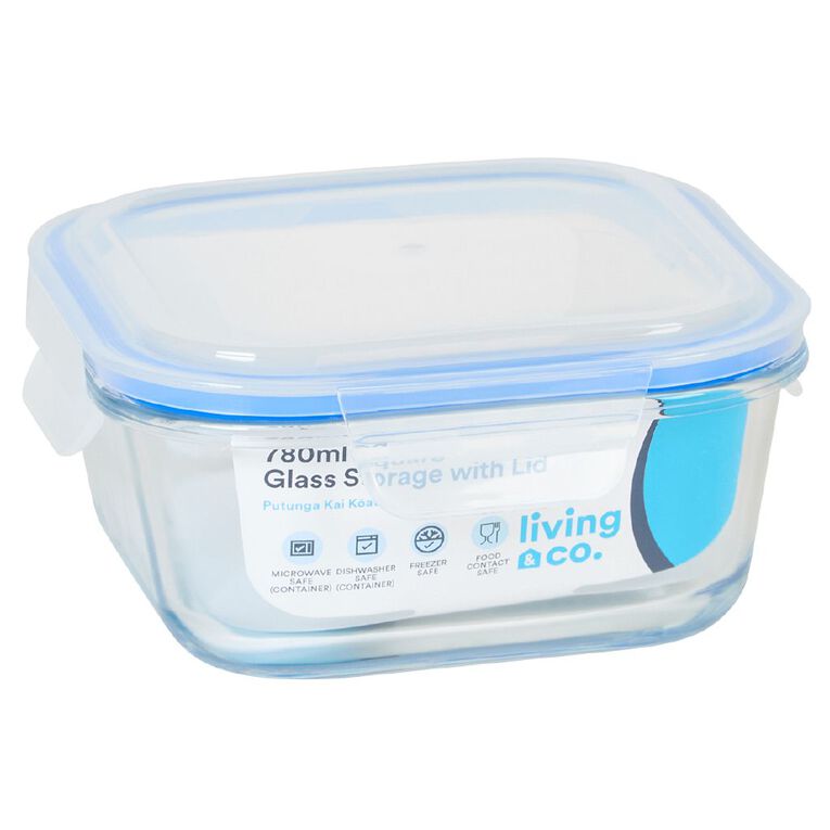 Living & Co Square Glass Storage with Clip On Lid 780ml Clear, , hi-res
