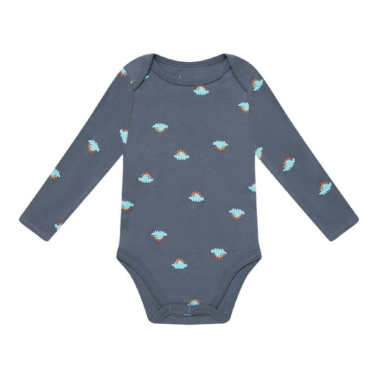 Young Original Babies' Long Sleeve Printed Bodysuit 3 Pack, Blue Light DINO, hi-res