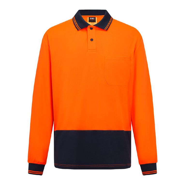 Rivet Men's Long Sleeve Polo, Orange/Fluro, hi-res