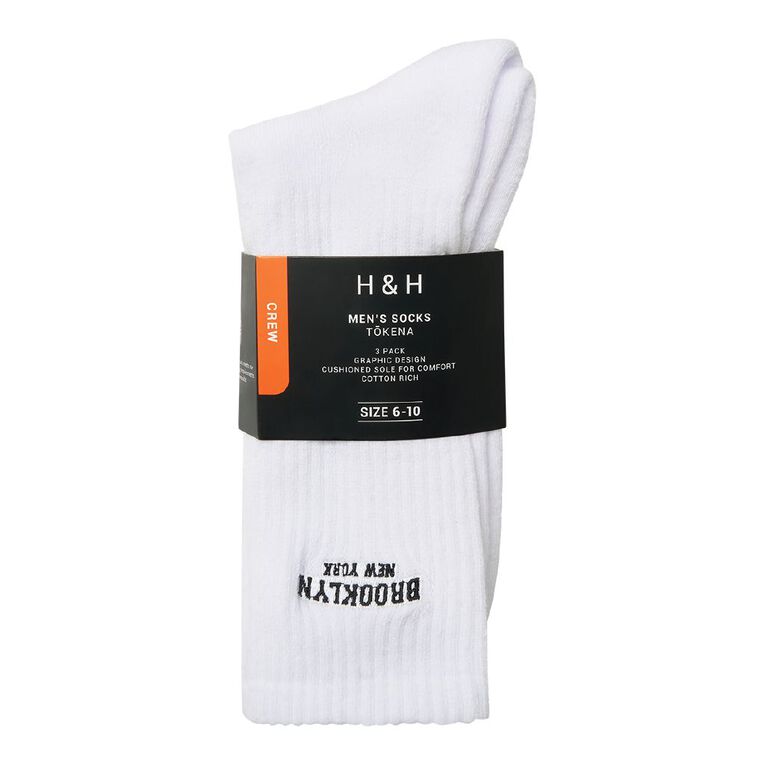 H&H Men's Graphic Crew Socks 3 Pack, White, hi-res